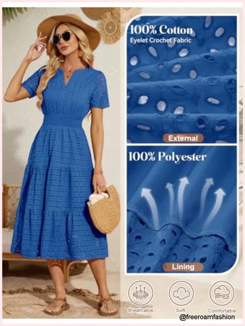 Eyelet Short Sleeve Midi Dress Smocked V Neck Hollow Out Casual Dress with